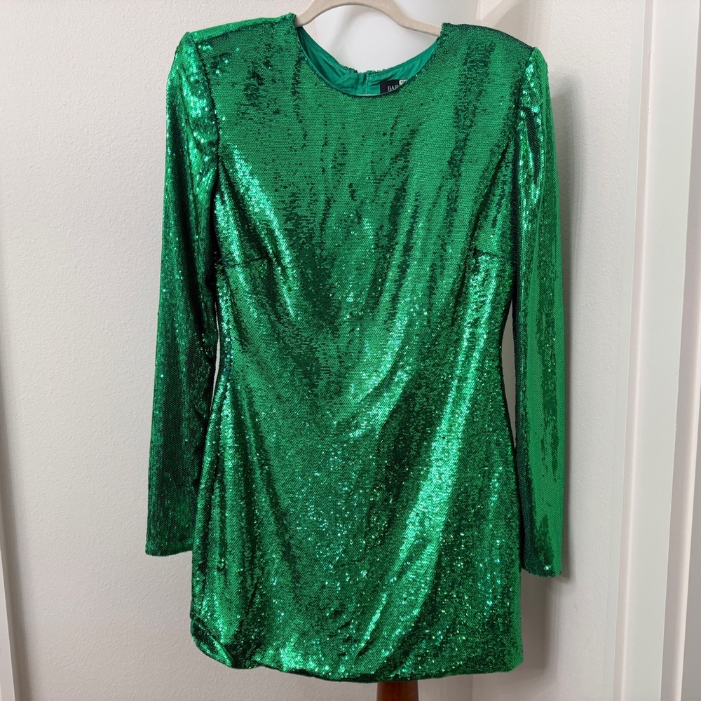 Bardot Long Sleeve Sequin Mini Dress Shoulder Padded Cocktail Party Frock